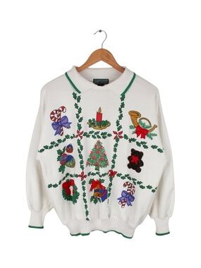 Vintage Christmas Sweatshirt Holiday Collared‎ Embroidered Teddy Bear 90s Small